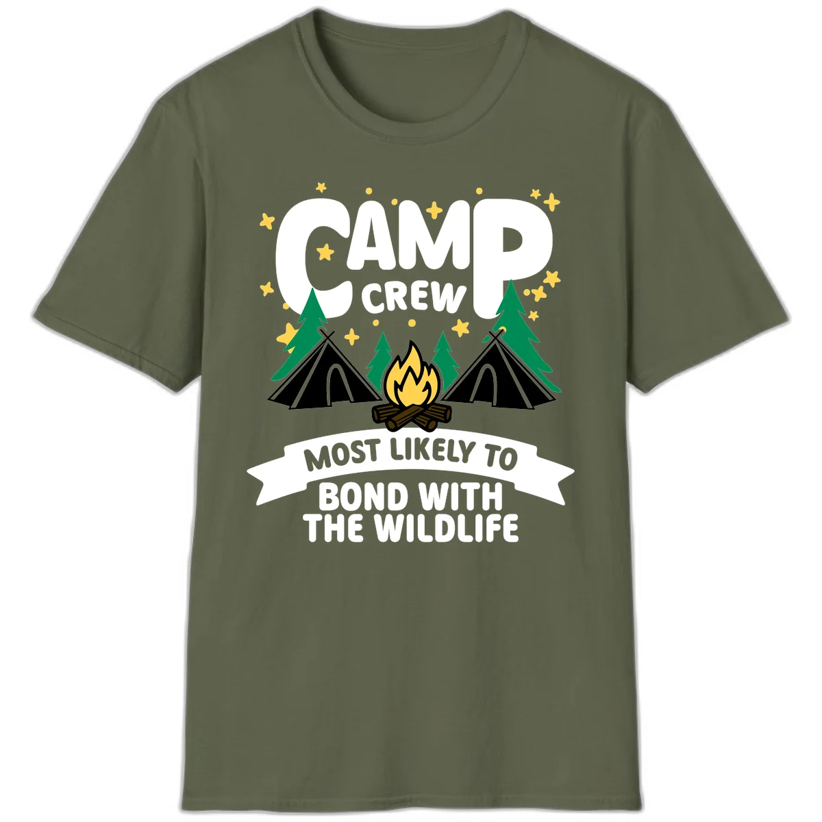 Camp crew wildlife bond design with campfire, teepees, trees, and stars on gray background in Military Green