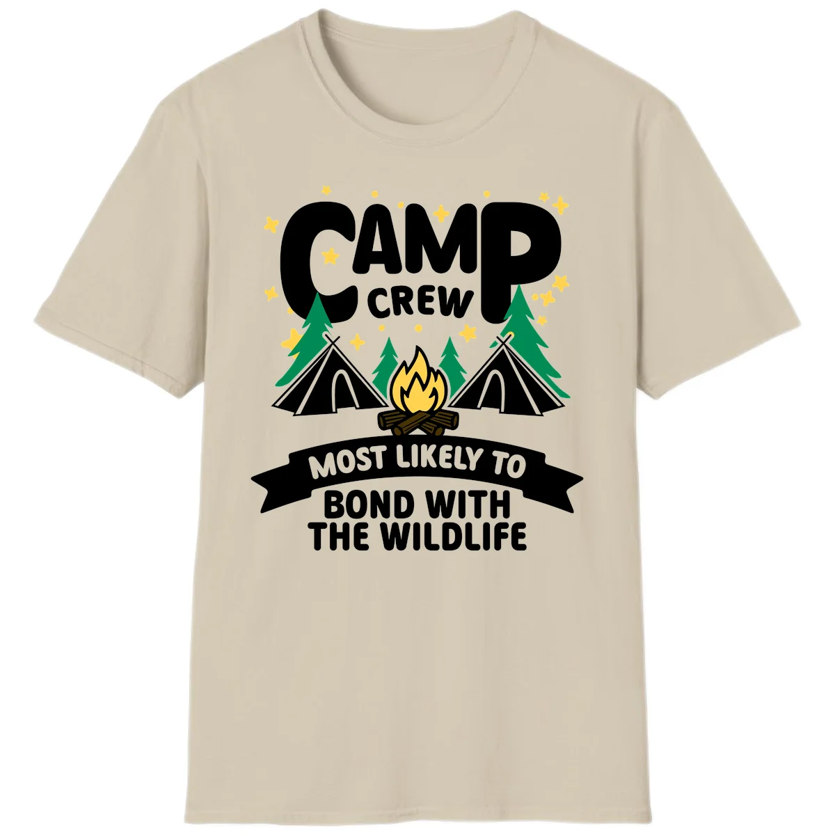 Camp crew wildlife bond design with campfire, teepees, trees, and stars on gray background in Sand