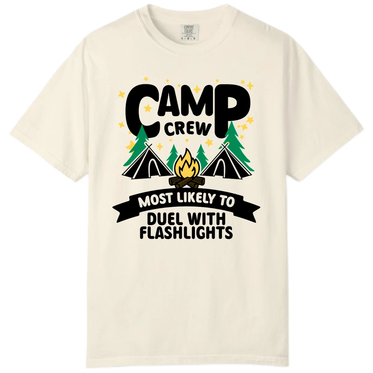Camping design with "Camp Crew" text, teepees, campfire, trees, and stars. Banner reads "Most Likely To Duel With Flashlights." in Ivory