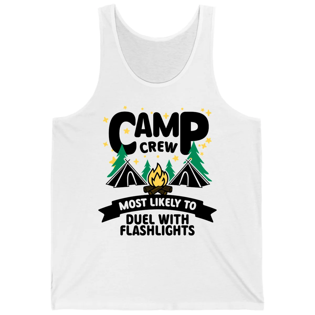 Camping design with "Camp Crew" text, teepees, campfire, trees, and stars. Banner reads "Most Likely To Duel With Flashlights." in White