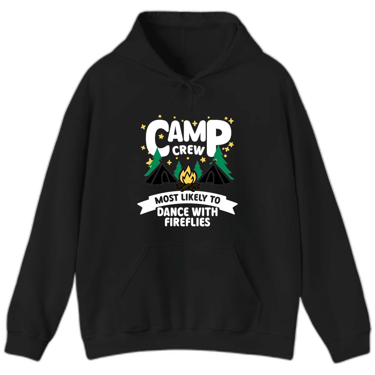 Camp crew design with tents, campfire, and stars; text reads 'most likely to dance with fireflies' in Black