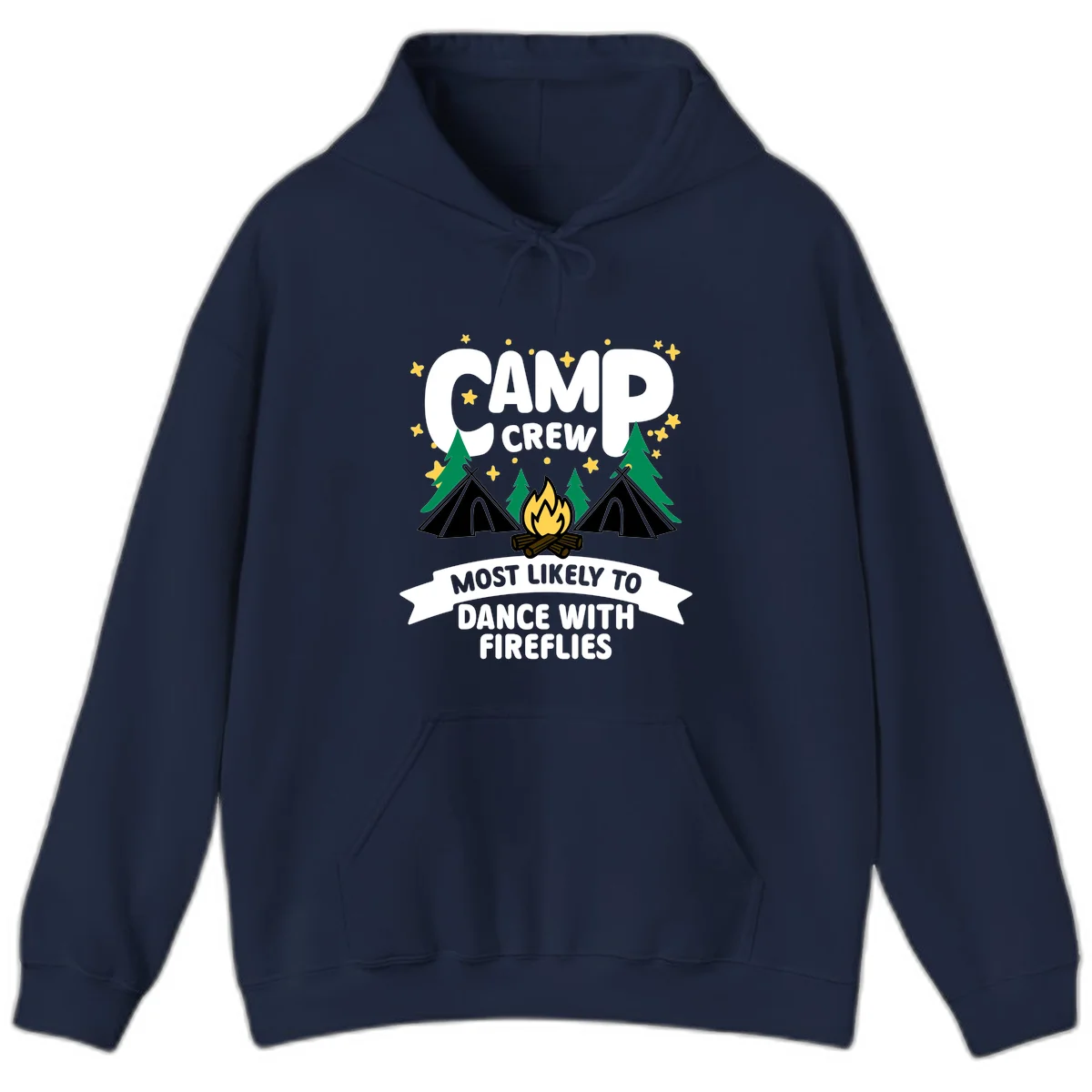 Camp crew design with tents, campfire, and stars; text reads 'most likely to dance with fireflies' in Navy