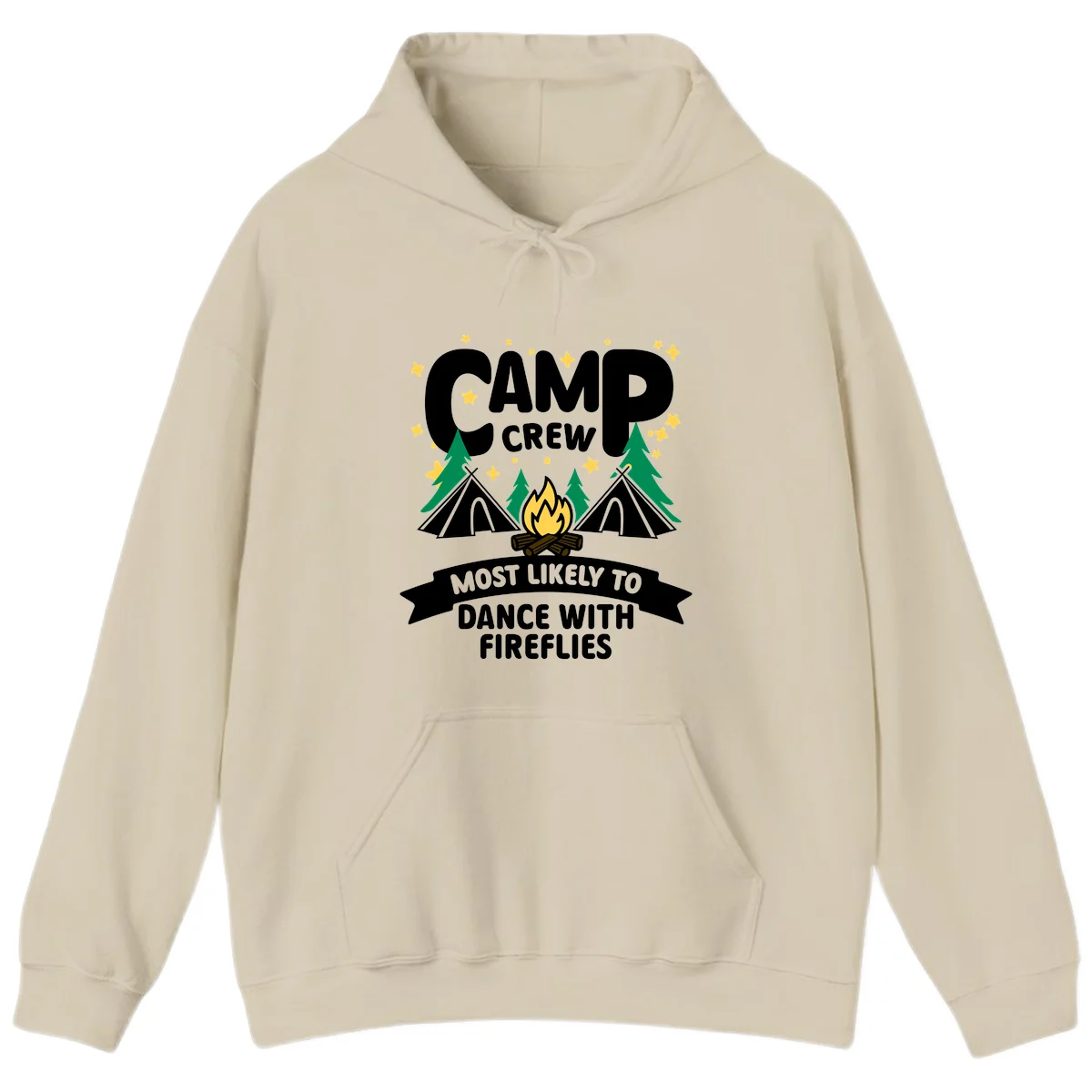 Camp crew design with tents, campfire, and stars; text reads 'most likely to dance with fireflies' in Sand