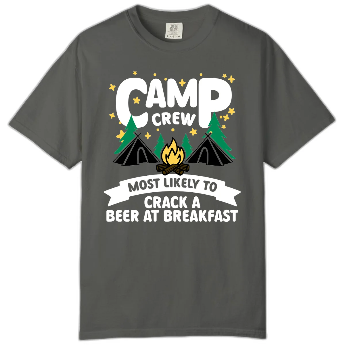 Camp crew beer at breakfast design with tents, campfire, pine trees and stars on gray background in Pepper