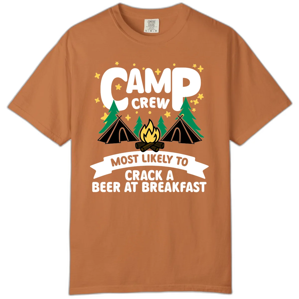 Camp crew beer at breakfast design with tents, campfire, pine trees and stars on gray background in Yam