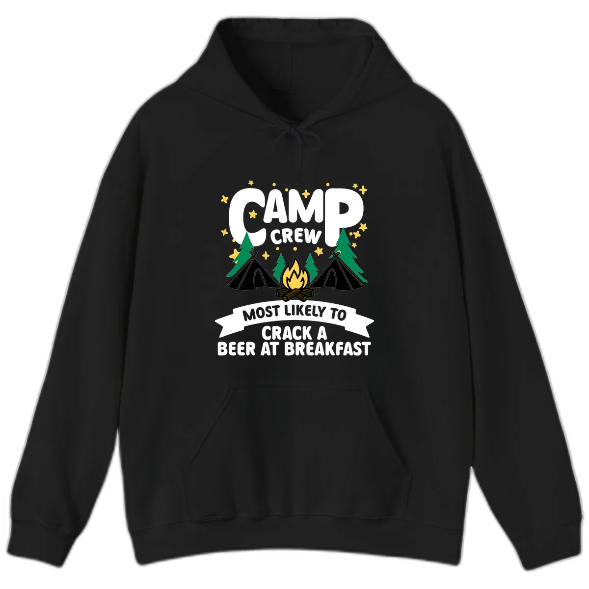 Camp crew beer at breakfast design with tents, campfire, pine trees and stars on gray background in Black