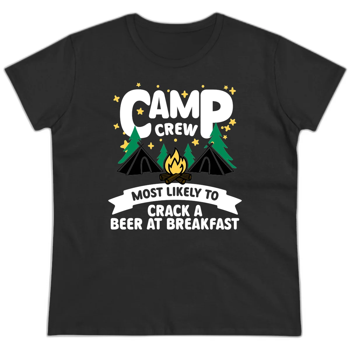 Camp crew beer at breakfast design with tents, campfire, pine trees and stars on gray background in Black