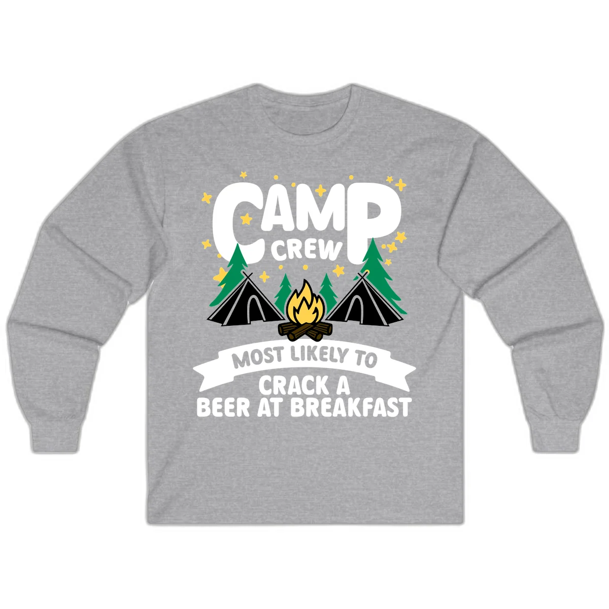 Camp crew beer at breakfast design with tents, campfire, pine trees and stars on gray background in Sport Grey