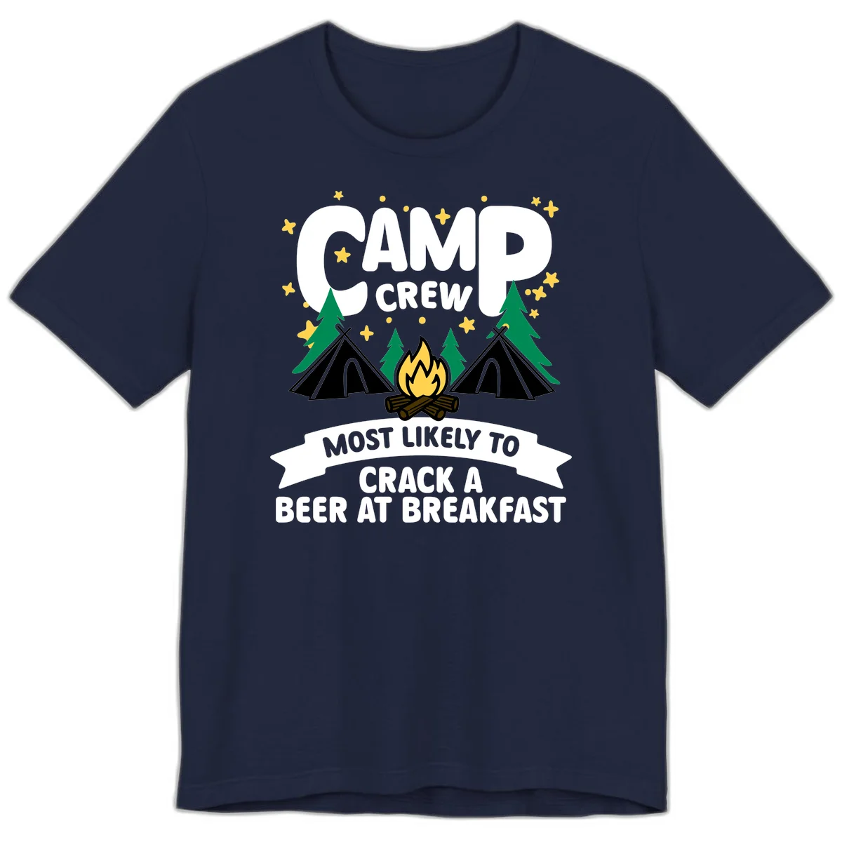 Camp crew beer at breakfast design with tents, campfire, pine trees and stars on gray background in Navy
