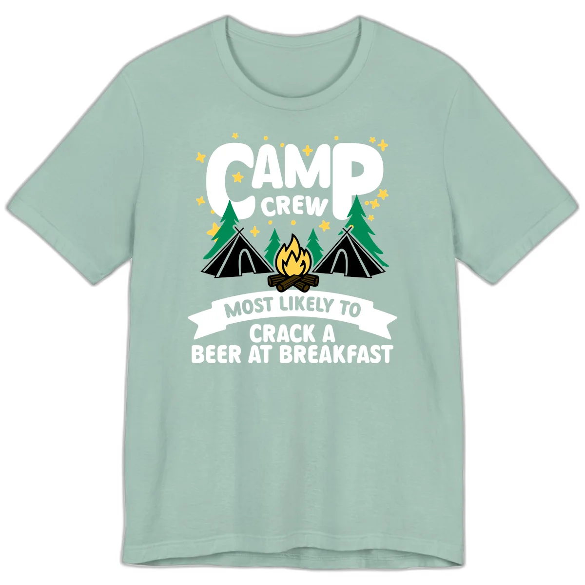 Camp crew beer at breakfast design with tents, campfire, pine trees and stars on gray background in Dusty Blue