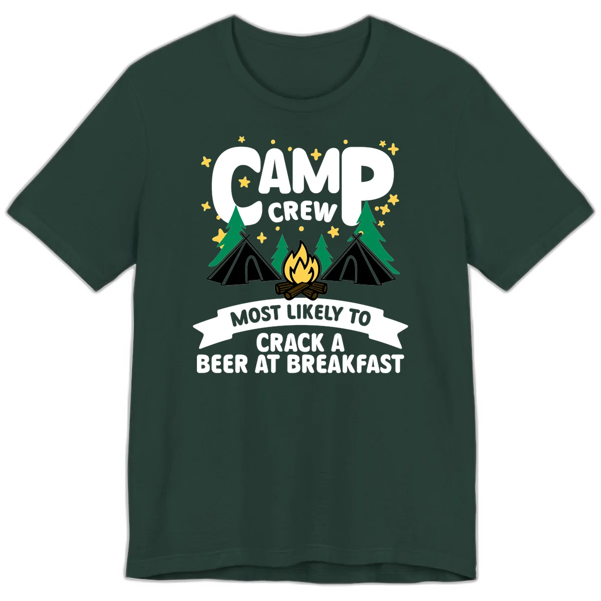 Camp crew beer at breakfast design with tents, campfire, pine trees and stars on gray background in Forest