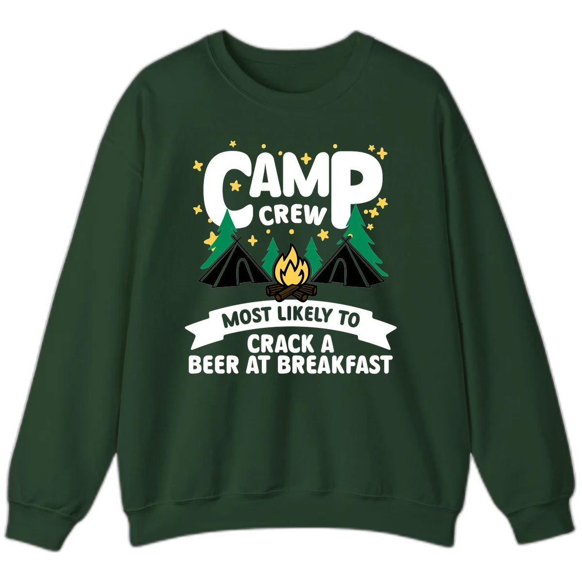 Camp crew beer at breakfast design with tents, campfire, pine trees and stars on gray background in Forest Green