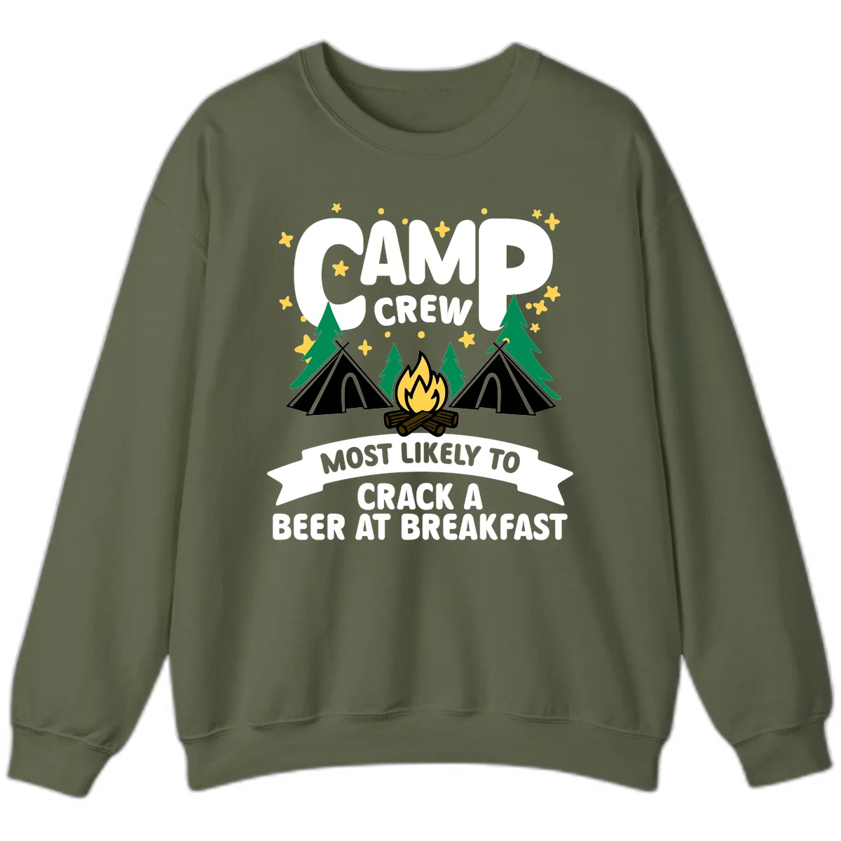 Camp crew beer at breakfast design with tents, campfire, pine trees and stars on gray background in Military Green