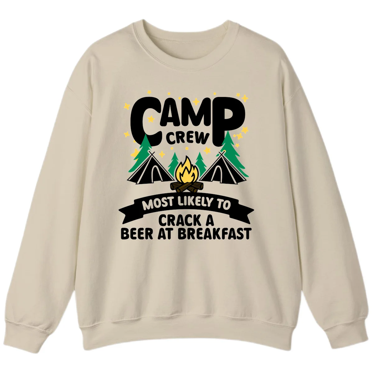 Camp crew beer at breakfast design with tents, campfire, pine trees and stars on gray background in Sand