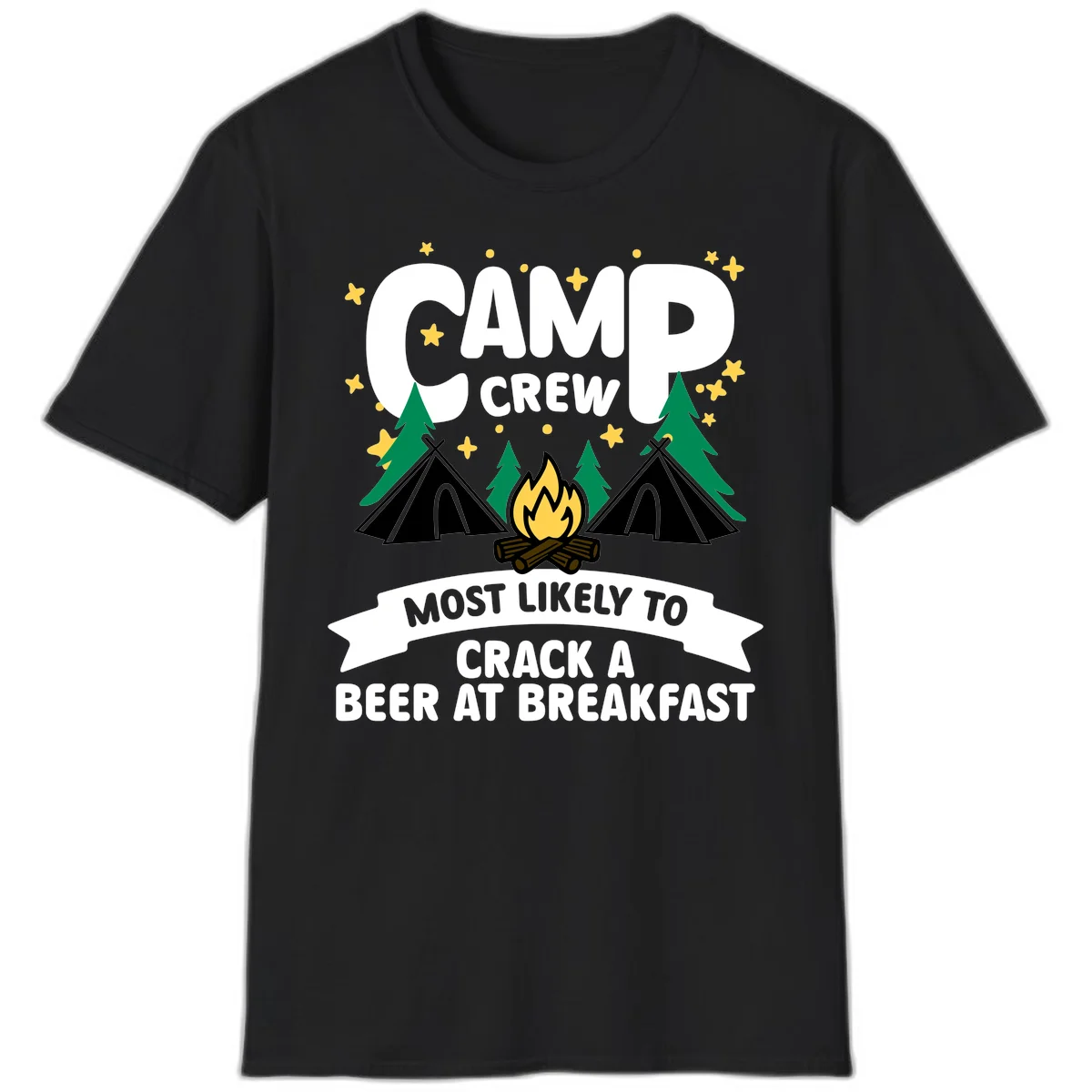 Camp crew beer at breakfast design with tents, campfire, pine trees and stars on gray background in Black