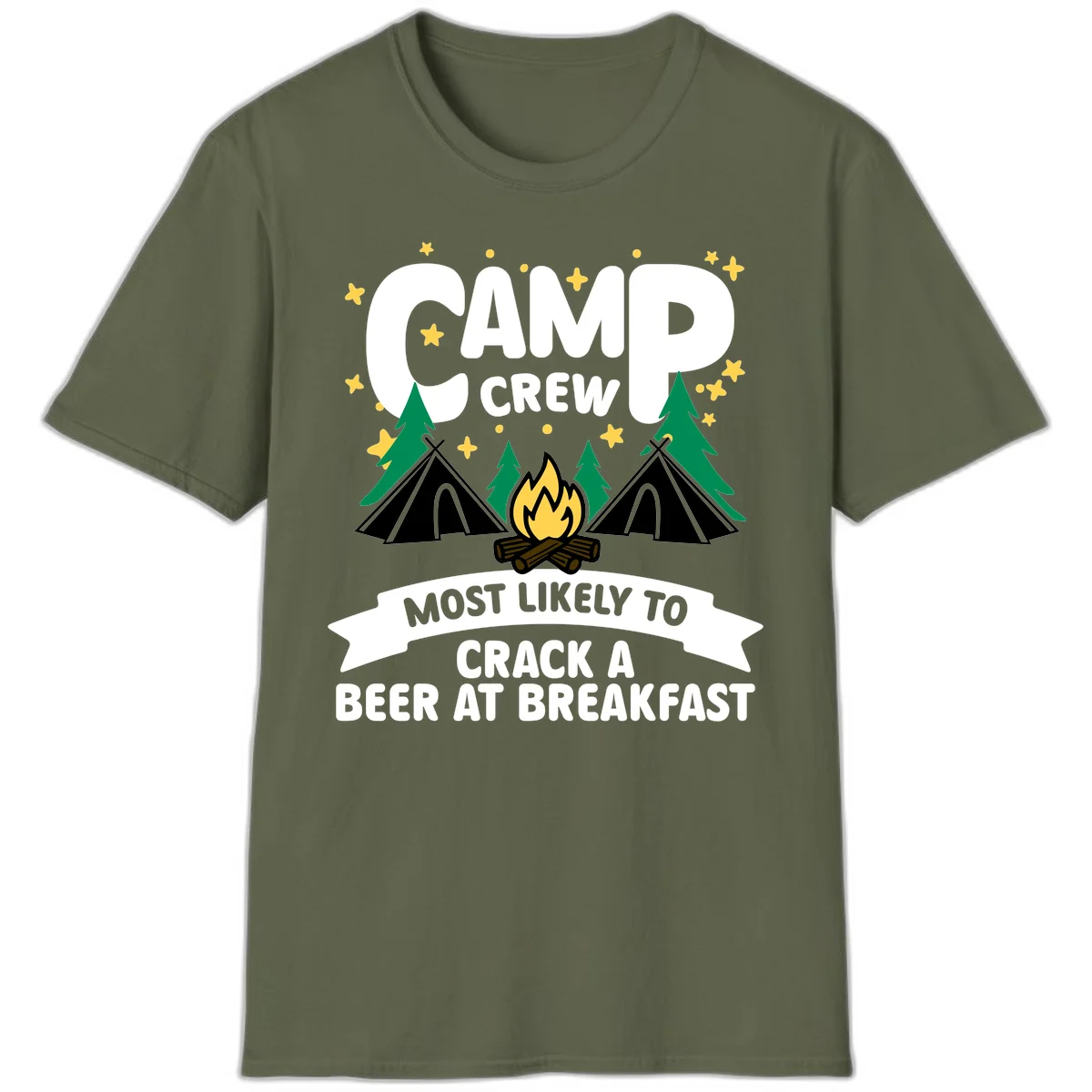 Camp crew beer at breakfast design with tents, campfire, pine trees and stars on gray background in Military Green