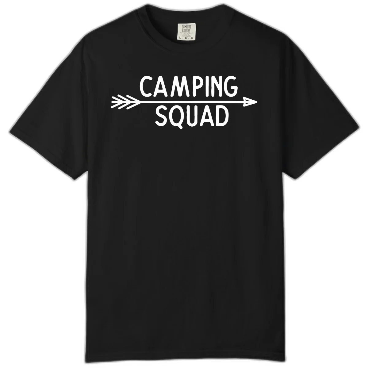 White text reading 'Camping Squad' with a horizontal arrow running through it on gray background in Black