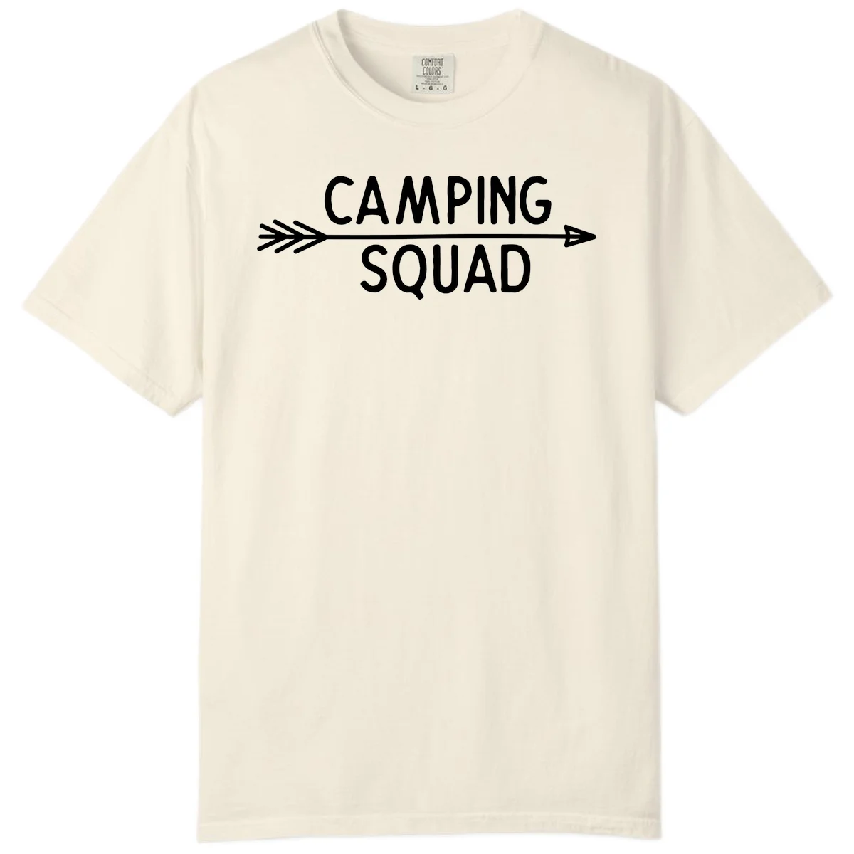 White text reading 'Camping Squad' with a horizontal arrow running through it on gray background in Ivory