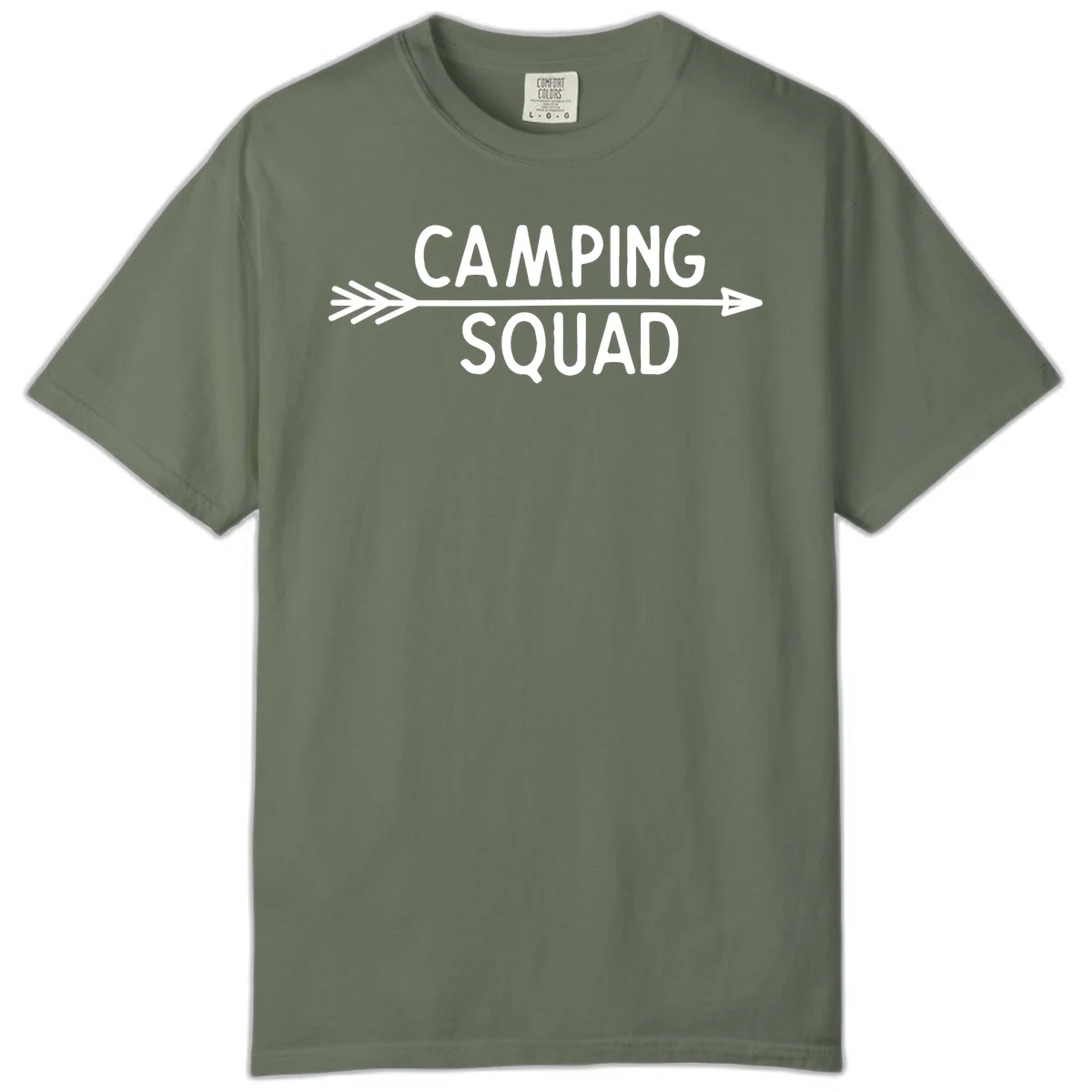 White text reading 'Camping Squad' with a horizontal arrow running through it on gray background in Moss
