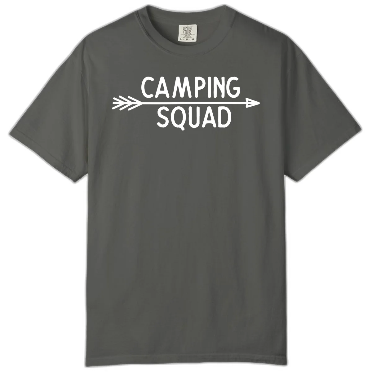 White text reading 'Camping Squad' with a horizontal arrow running through it on gray background in Pepper