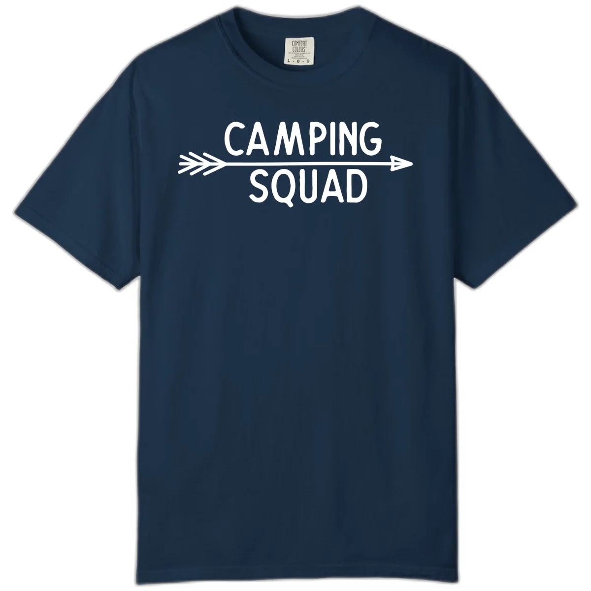 White text reading 'Camping Squad' with a horizontal arrow running through it on gray background in True Navy