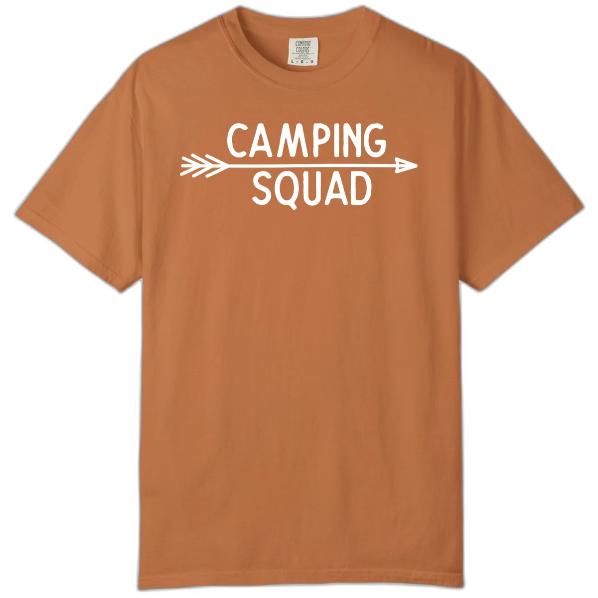 White text reading 'Camping Squad' with a horizontal arrow running through it on gray background in Yam