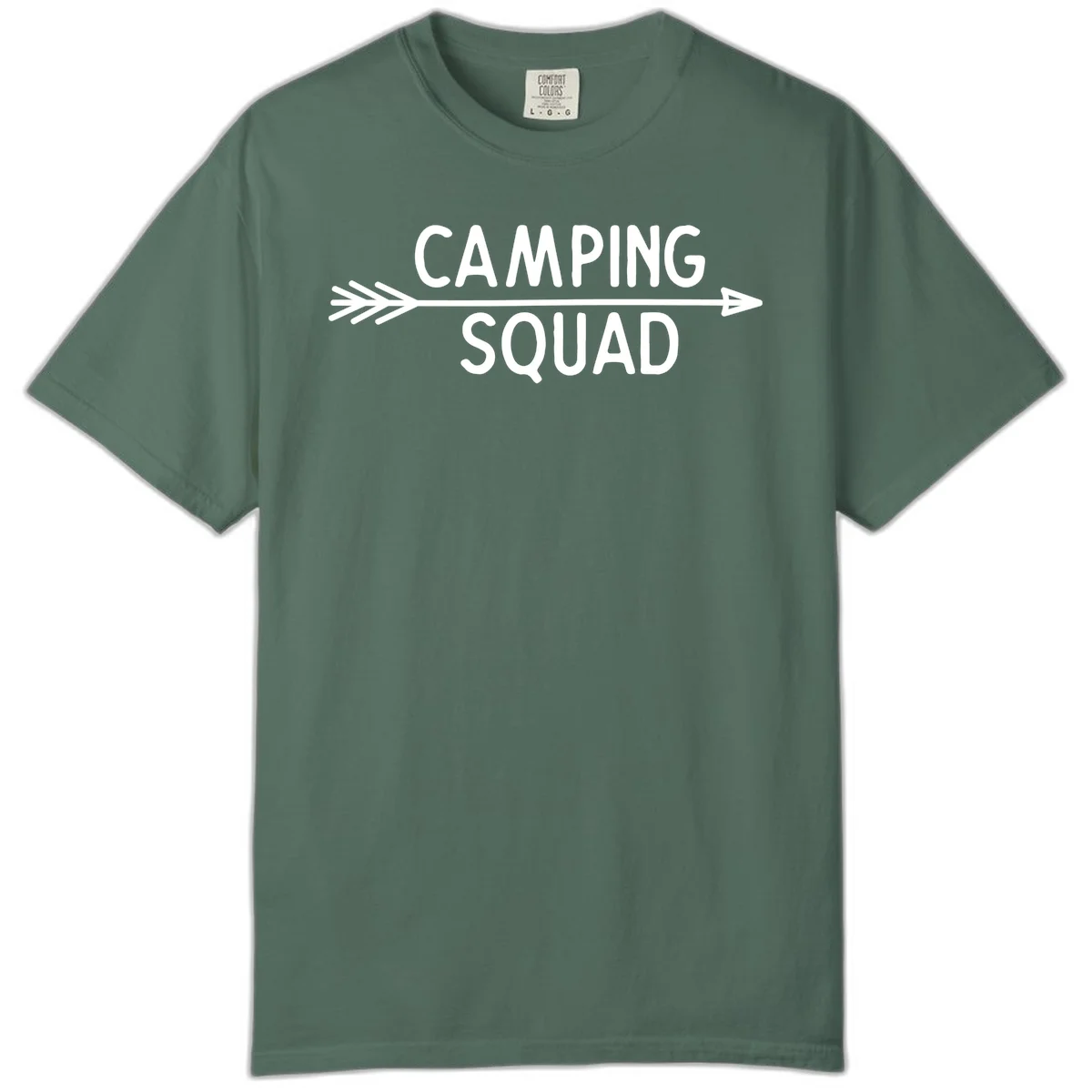 White text reading 'Camping Squad' with a horizontal arrow running through it on gray background in Blue Spruce