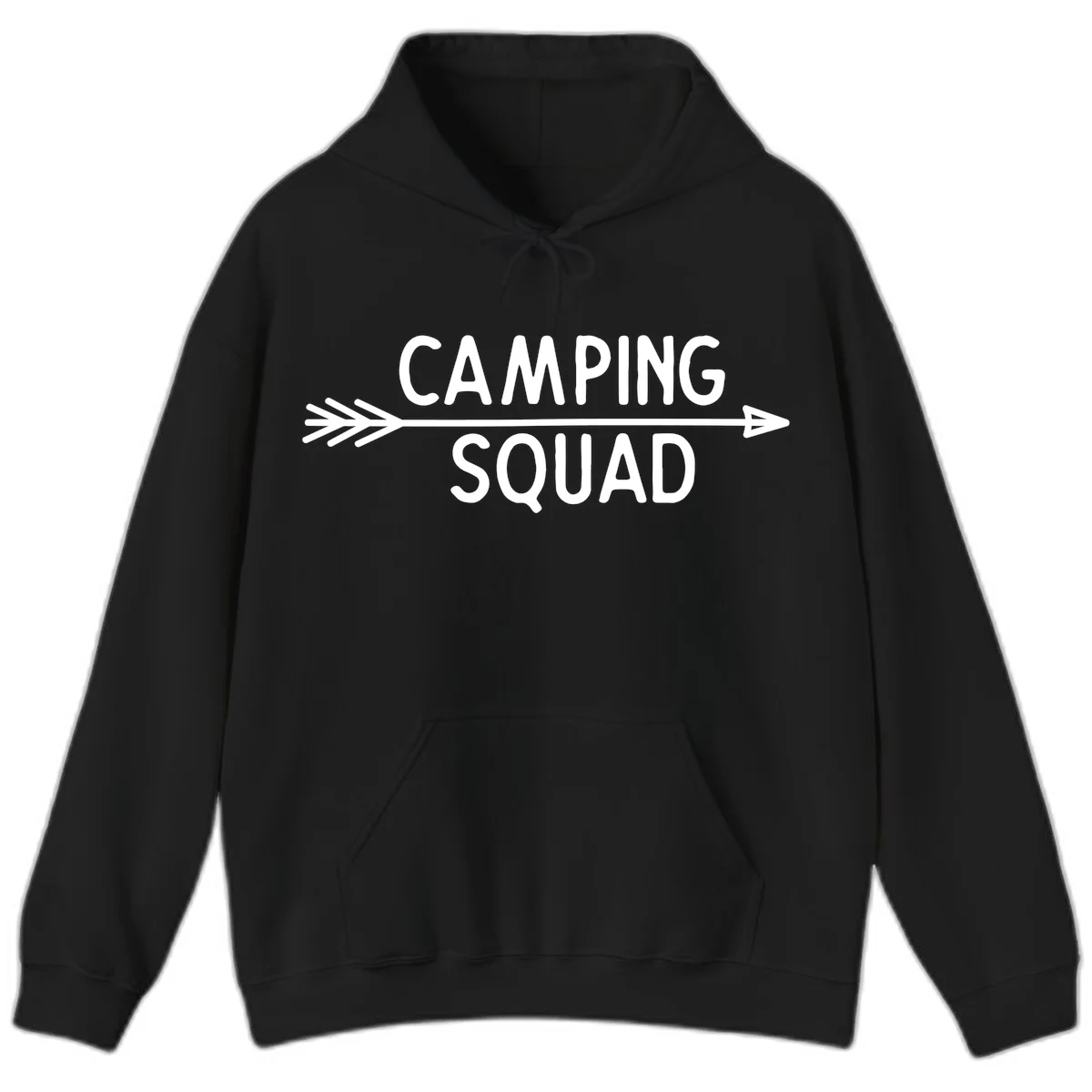 White text reading 'Camping Squad' with a horizontal arrow running through it on gray background in Black
