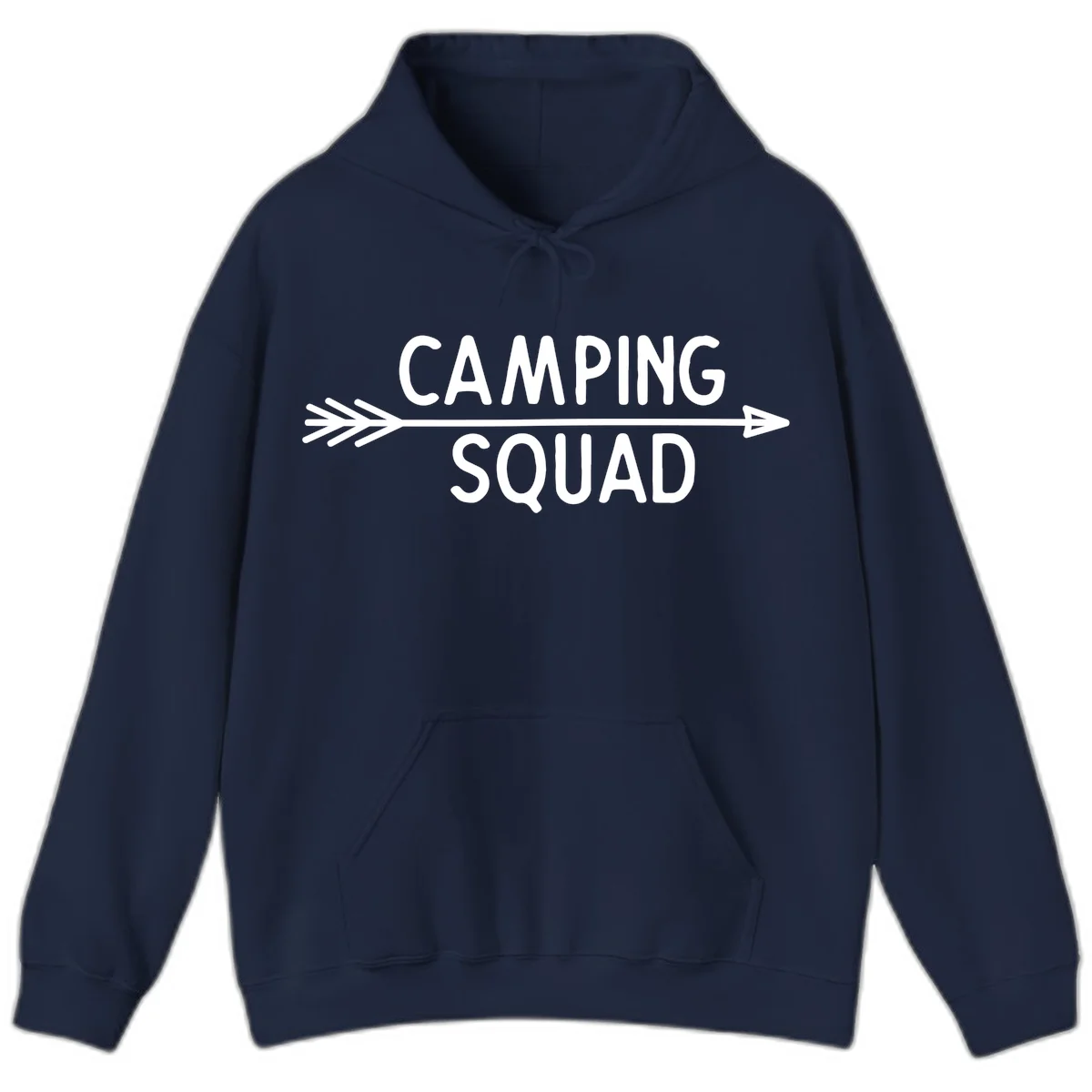 White text reading 'Camping Squad' with a horizontal arrow running through it on gray background in Navy