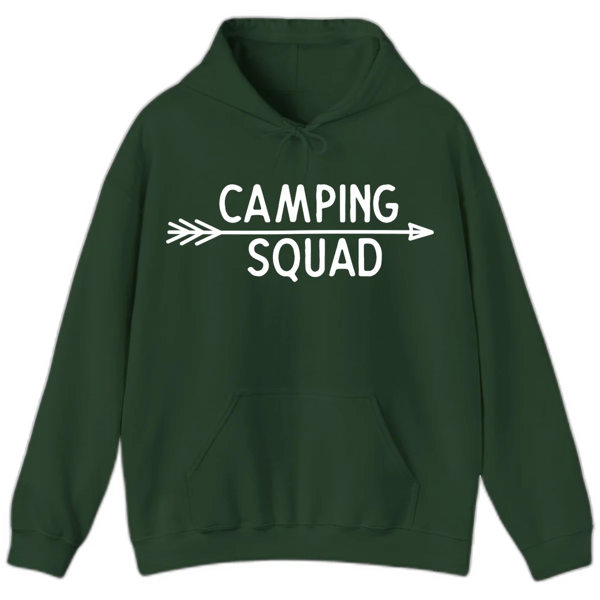 White text reading 'Camping Squad' with a horizontal arrow running through it on gray background in Forest Green