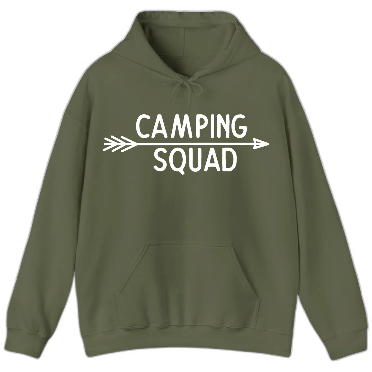 White text reading 'Camping Squad' with a horizontal arrow running through it on gray background in Military Green