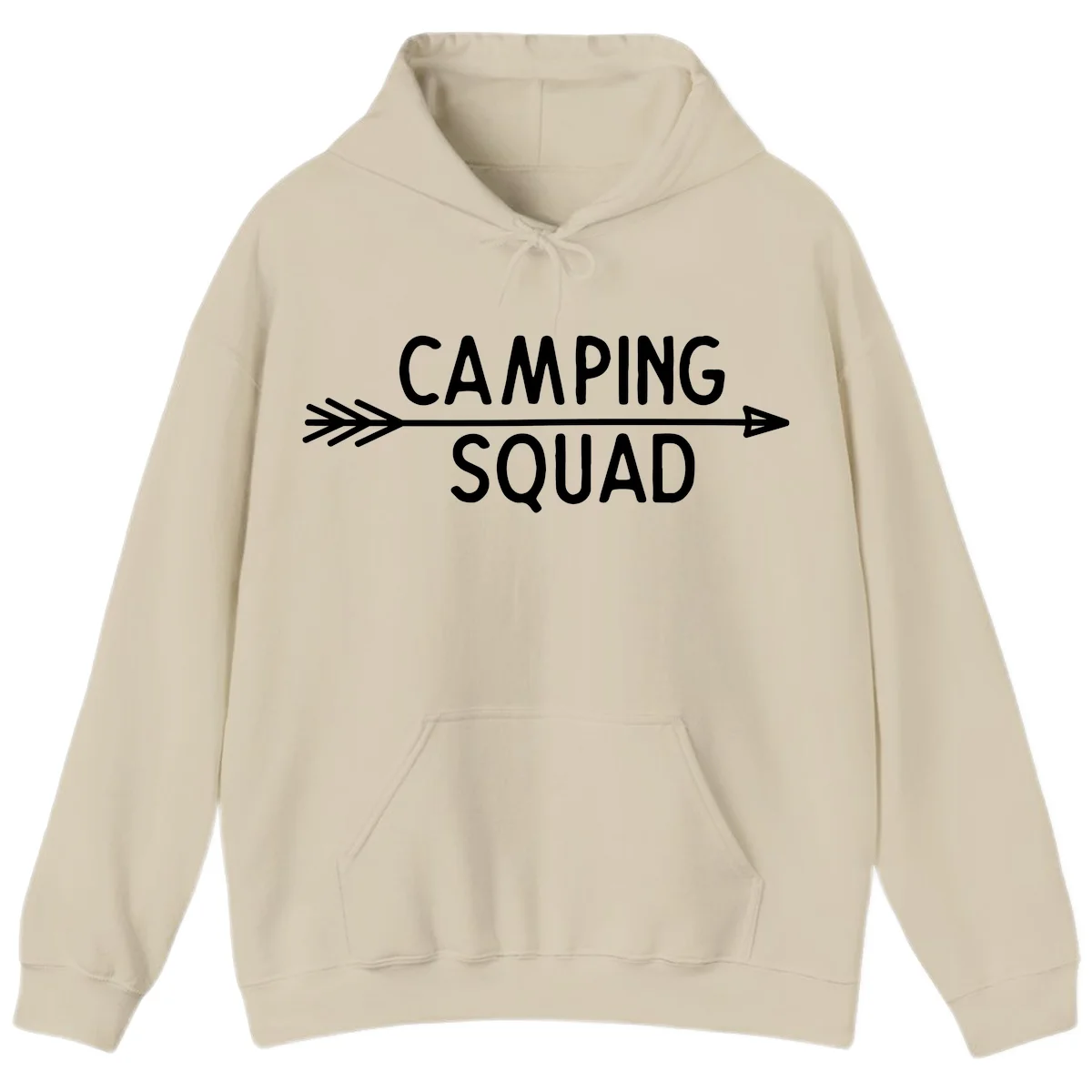White text reading 'Camping Squad' with a horizontal arrow running through it on gray background in Sand