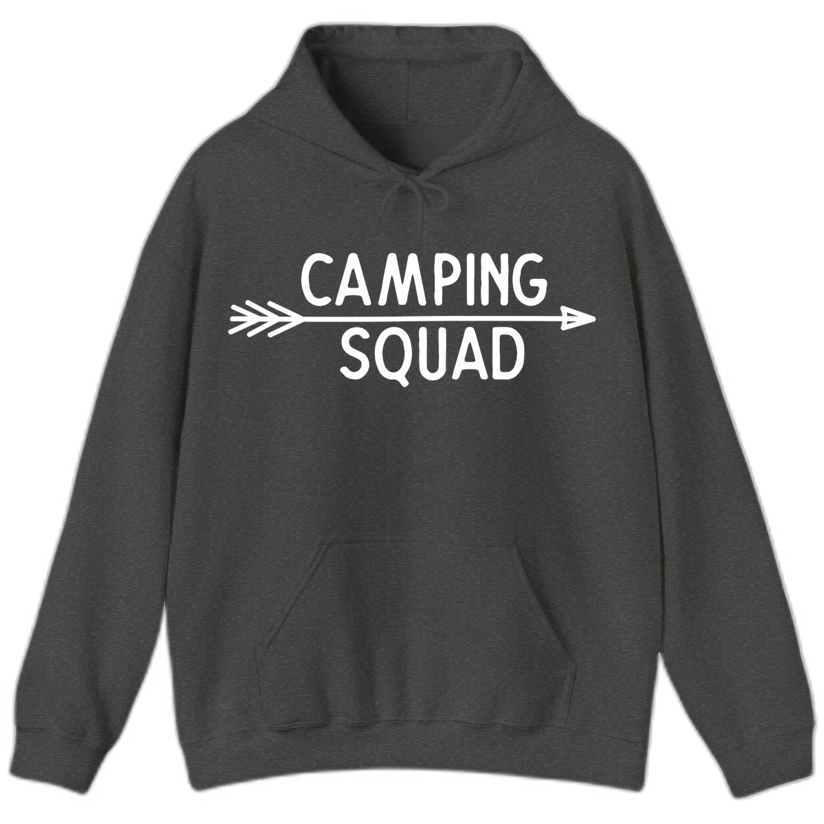 White text reading 'Camping Squad' with a horizontal arrow running through it on gray background in Dark Heather