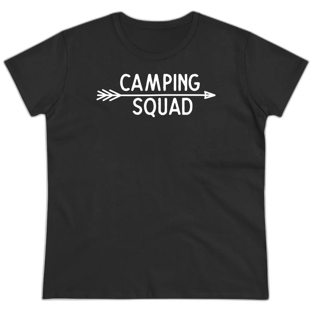 White text reading 'Camping Squad' with a horizontal arrow running through it on gray background in Black