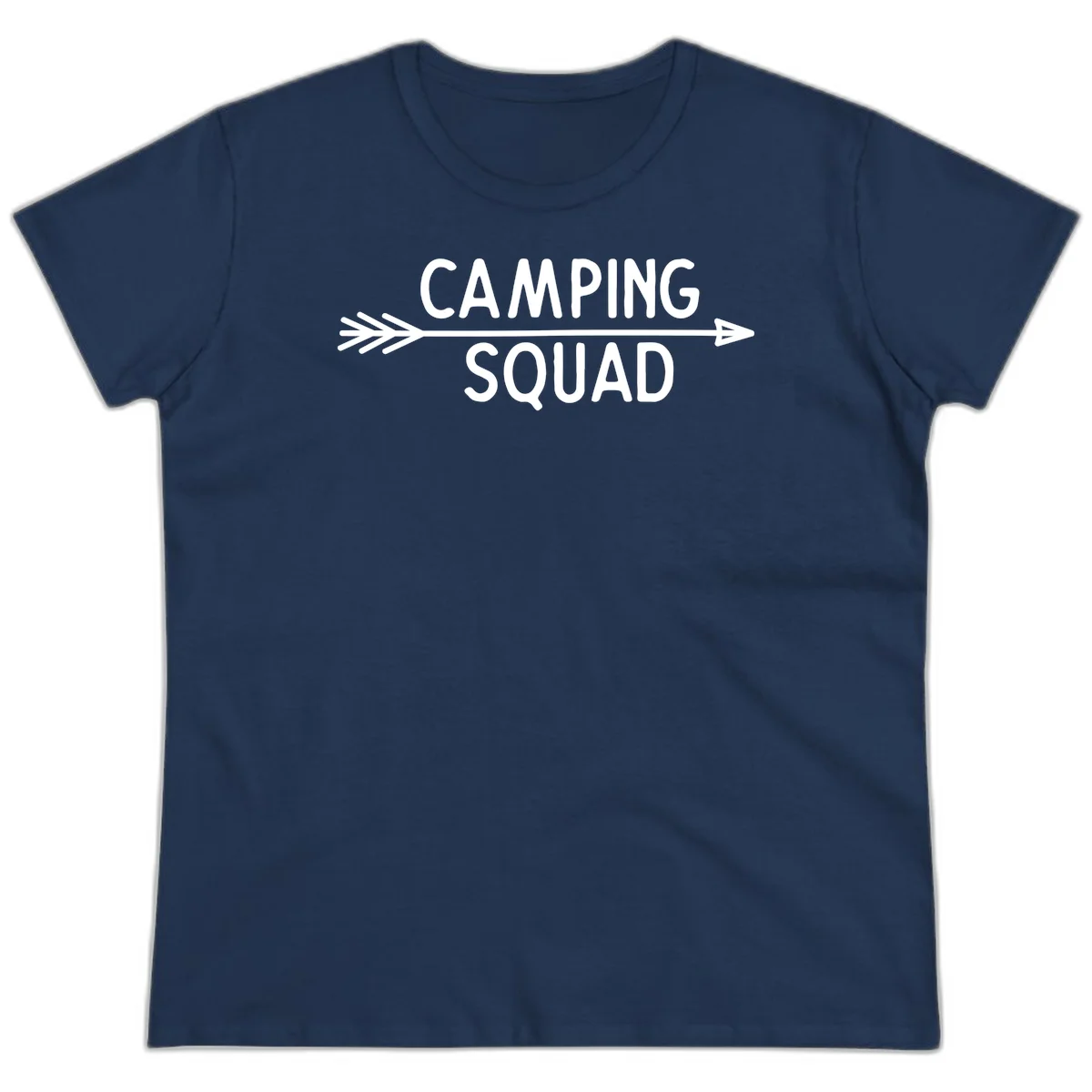 White text reading 'Camping Squad' with a horizontal arrow running through it on gray background in Navy