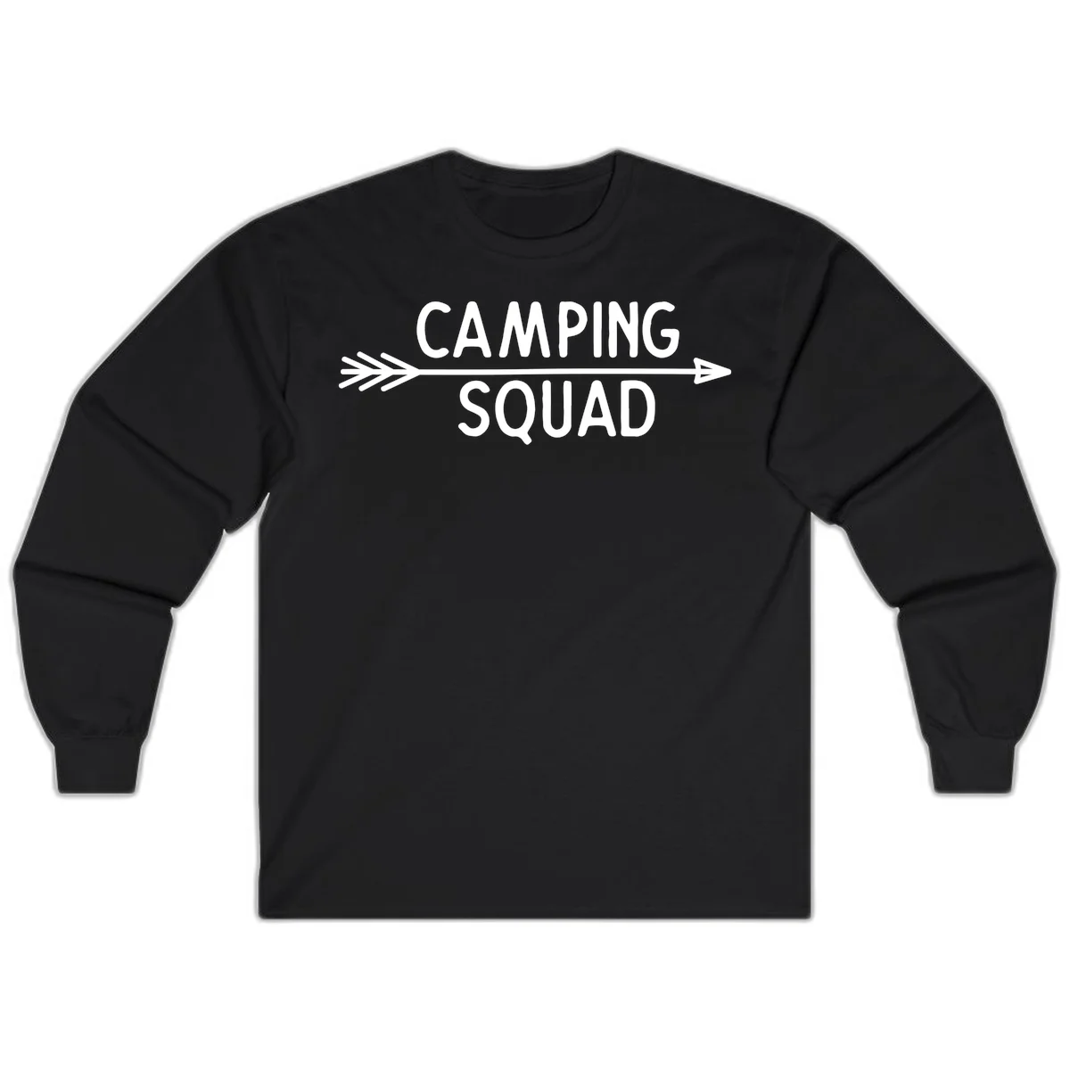 White text reading 'Camping Squad' with a horizontal arrow running through it on gray background in Black