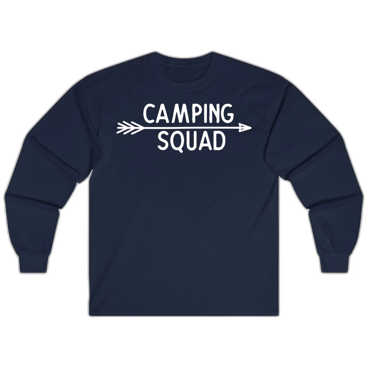 White text reading 'Camping Squad' with a horizontal arrow running through it on gray background in Navy
