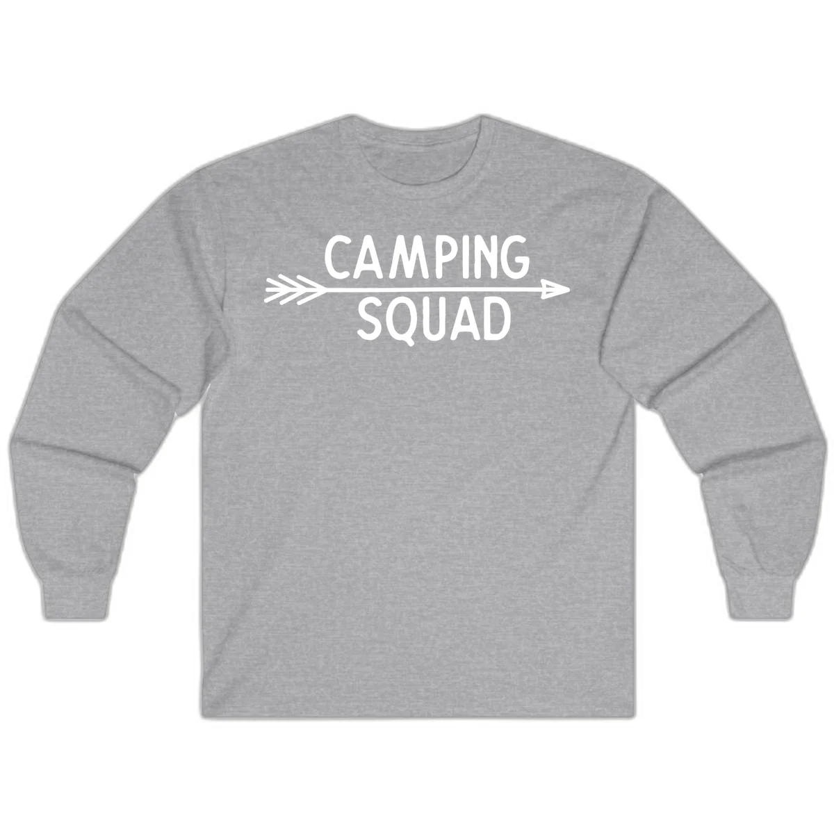 White text reading 'Camping Squad' with a horizontal arrow running through it on gray background in Sport Grey