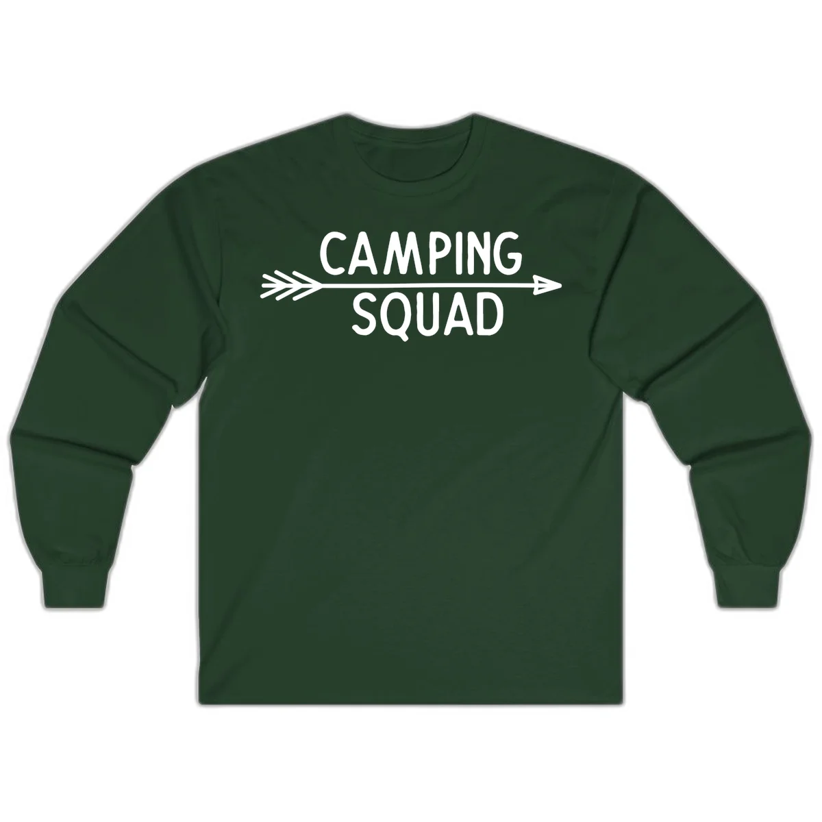 White text reading 'Camping Squad' with a horizontal arrow running through it on gray background in Forest Green