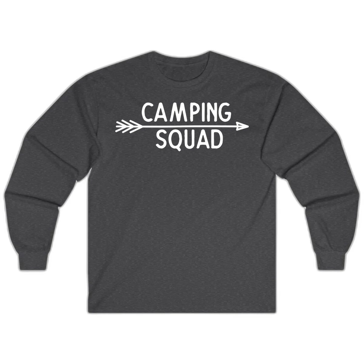 White text reading 'Camping Squad' with a horizontal arrow running through it on gray background in Dark Heather