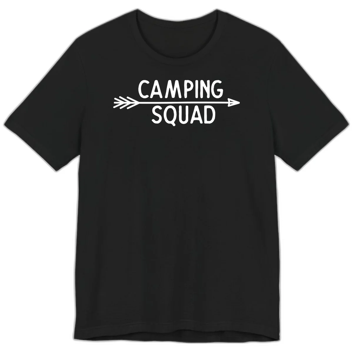 White text reading 'Camping Squad' with a horizontal arrow running through it on gray background in Black