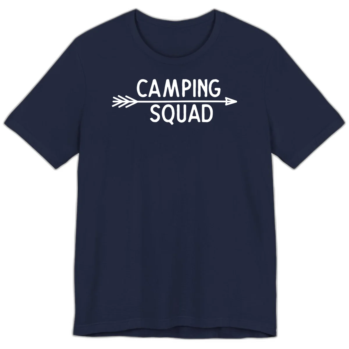 White text reading 'Camping Squad' with a horizontal arrow running through it on gray background in Navy