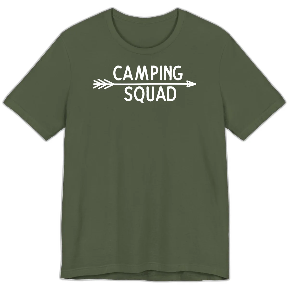 White text reading 'Camping Squad' with a horizontal arrow running through it on gray background in Military Green