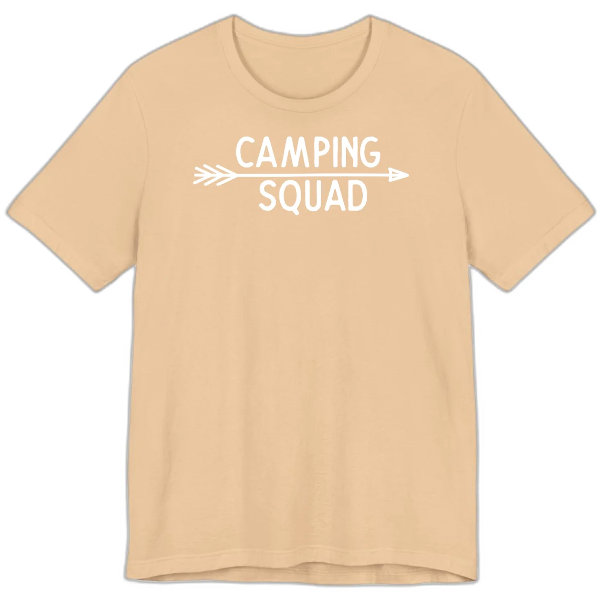 White text reading 'Camping Squad' with a horizontal arrow running through it on gray background in Sand Dune