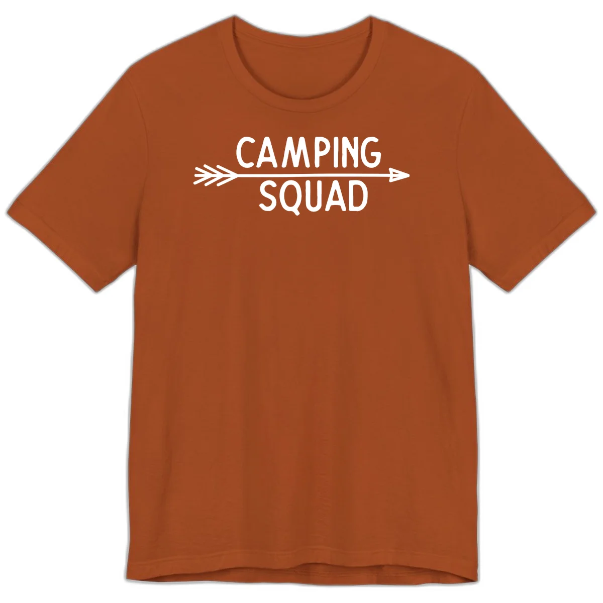 White text reading 'Camping Squad' with a horizontal arrow running through it on gray background in Autumn