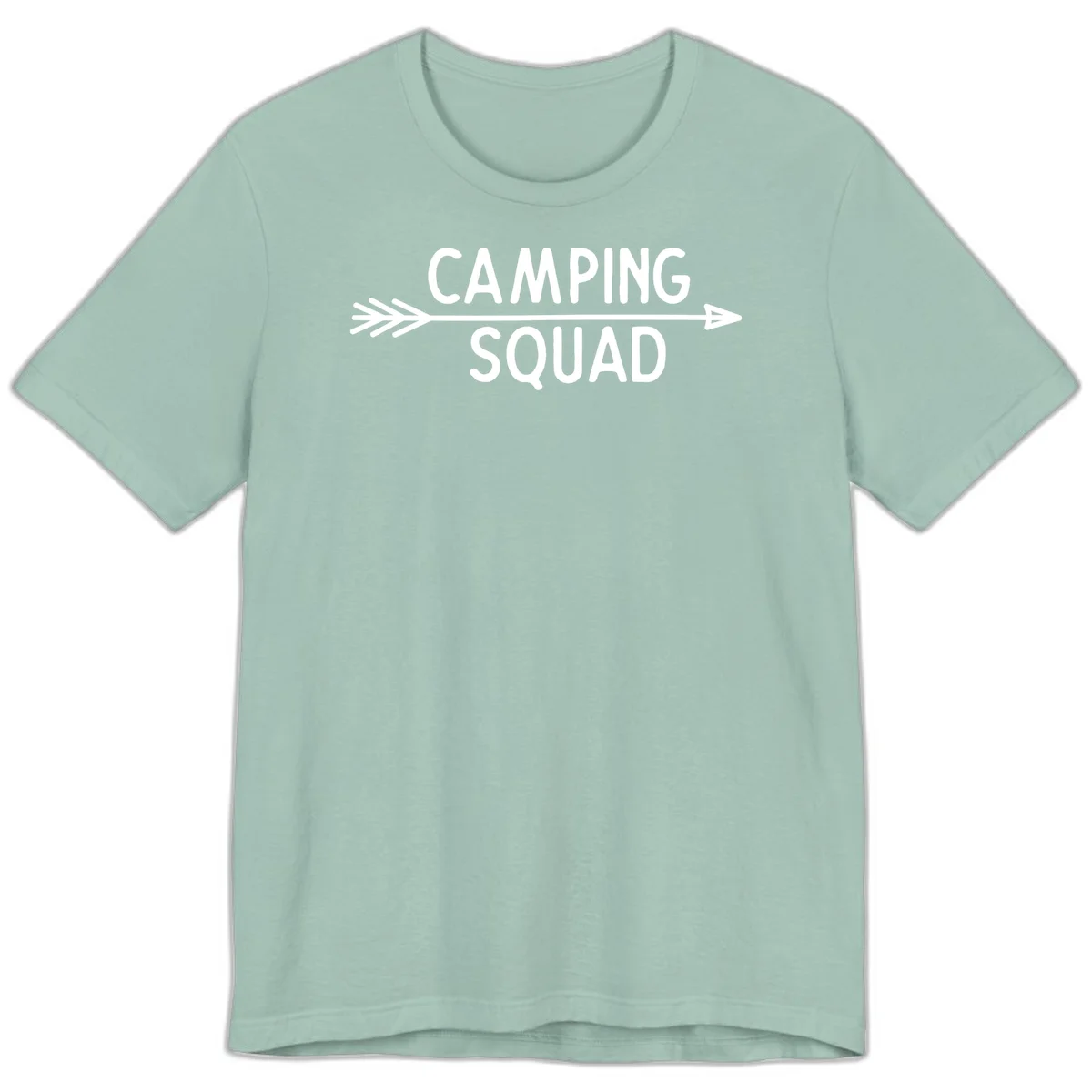 White text reading 'Camping Squad' with a horizontal arrow running through it on gray background in Dusty Blue
