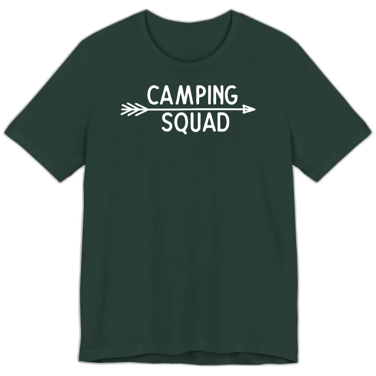 White text reading 'Camping Squad' with a horizontal arrow running through it on gray background in Forest