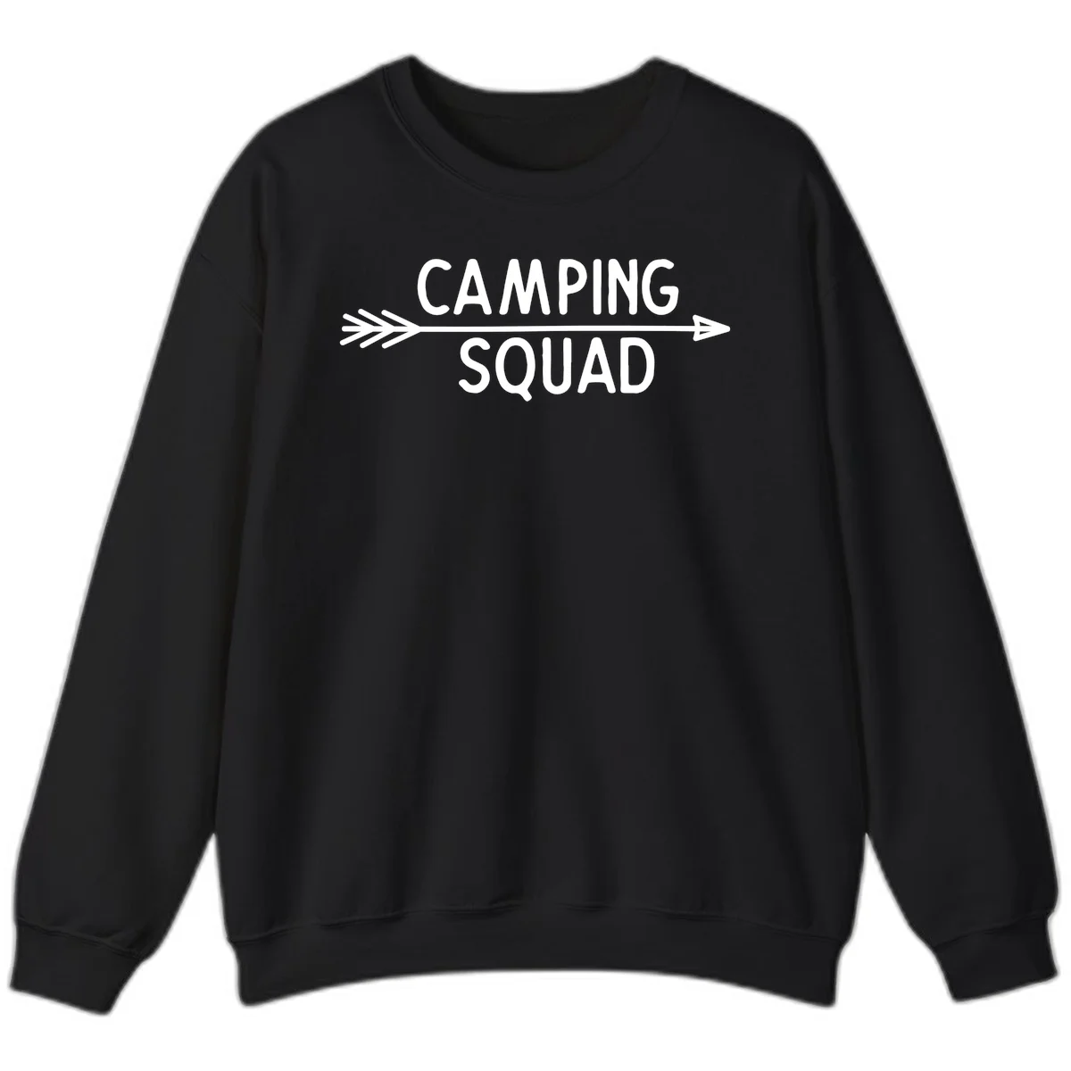 White text reading 'Camping Squad' with a horizontal arrow running through it on gray background in Black