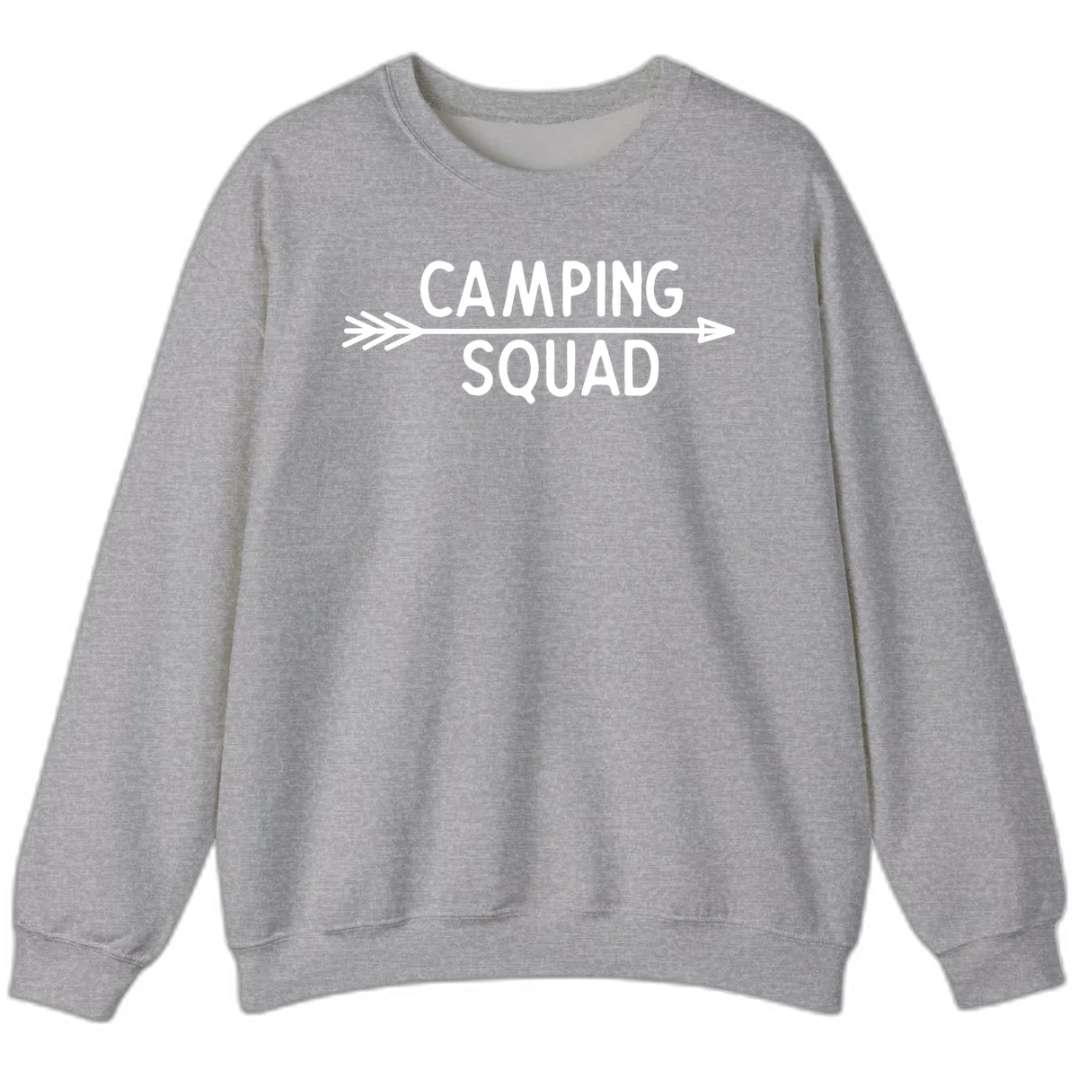 White text reading 'Camping Squad' with a horizontal arrow running through it on gray background in Sport Grey