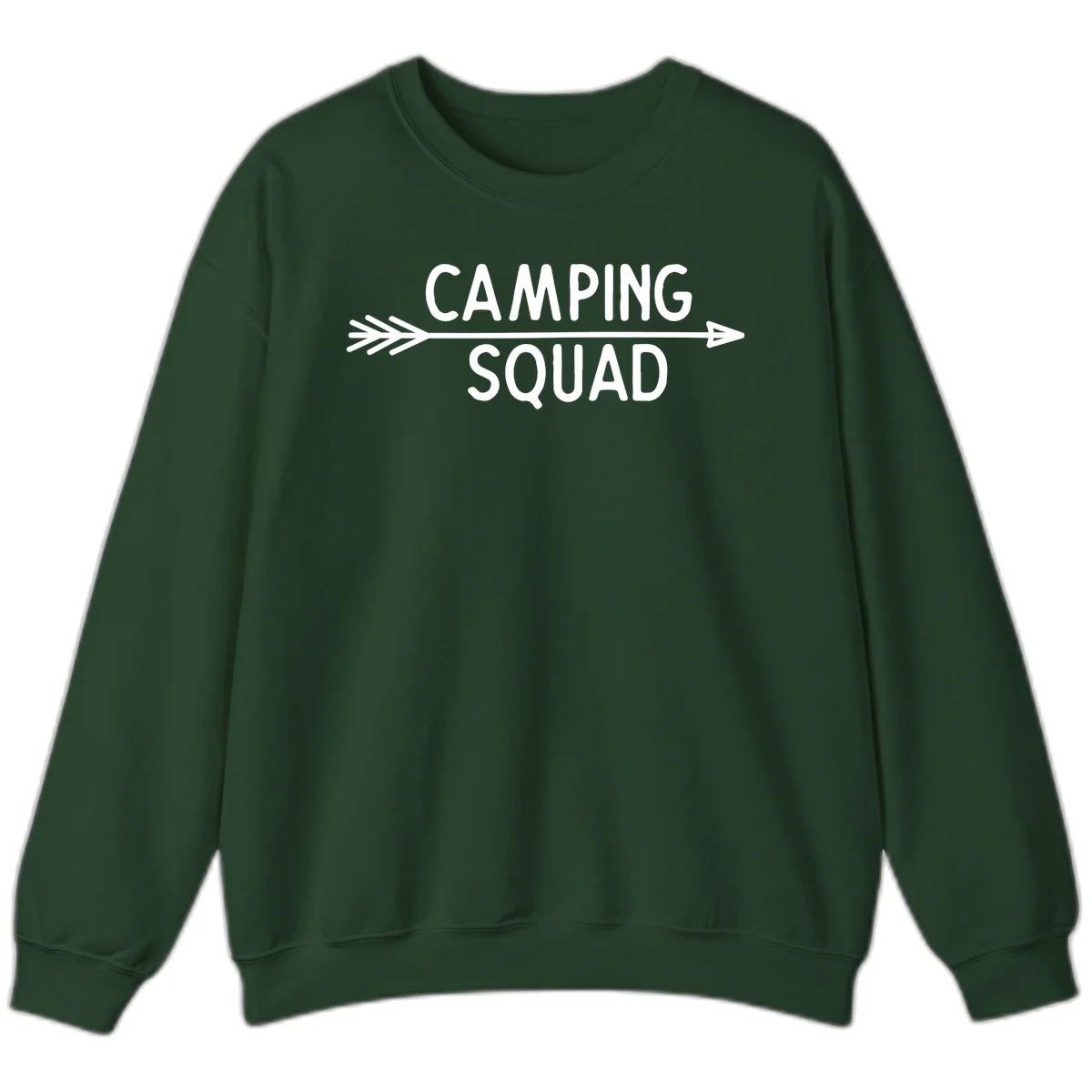 White text reading 'Camping Squad' with a horizontal arrow running through it on gray background in Forest Green